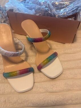JustFab White Slide Mules with Multicolor Crystal Straps